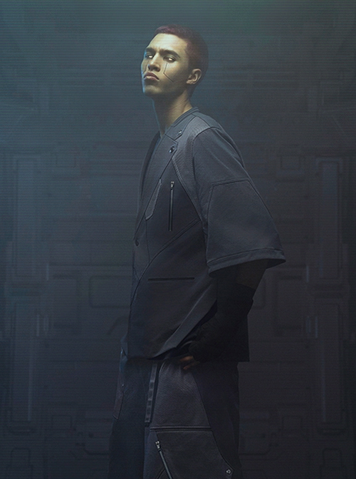 Raven Series Summer Carbon Black Street Thug Style Splicing Mesh Material Loose Cyberpunk Short Sleeves Suit Jacket