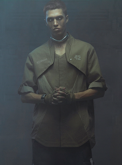 Autumn Placket Invisible Button Stitching Canvas American Casual Adjustable Sleeve Length Cyberpunk Short Sleeves Shirt