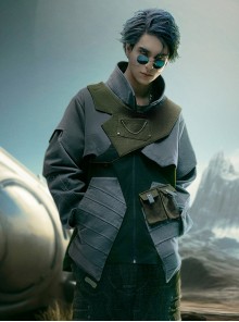 Autumn Contrast Color Stand Collar Multi-Pocket Alloy Decorative Chain Loose Adventure Style Cyberpunk Long Sleeves Jacket