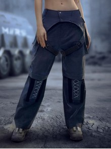 Spring Autumn Loose Casual Dark Blue Color Matching Straight Silhouette Detachable Trouser Legs Cyberpunk Trouser Set