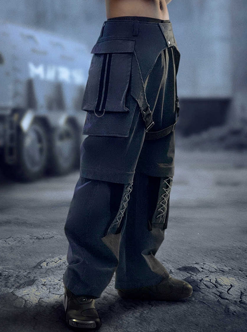 Spring Autumn Loose Casual Dark Blue Color Matching Straight Silhouette Detachable Trouser Legs Cyberpunk Trouser Set