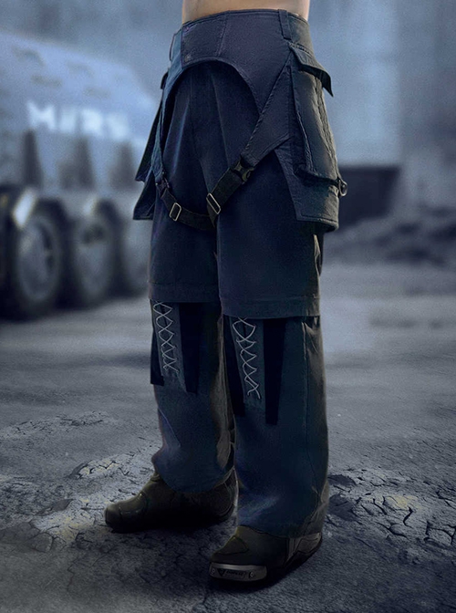Spring Autumn Loose Casual Dark Blue Color Matching Straight Silhouette Detachable Trouser Legs Cyberpunk Trouser Set