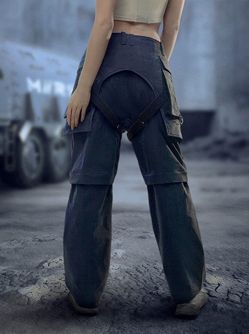 Spring Autumn Loose Casual Dark Blue Color Matching Straight Silhouette Detachable Trouser Legs Cyberpunk Trouser Set