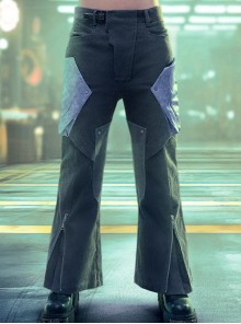 Blue-Gray Corduroy Stitching Washed Leather Motorcycle Style Loose Slightly Flared Version Adjustable Leg Opening Cyberpunk Trousers