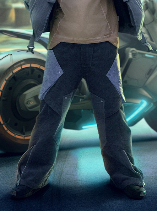 Blue-Gray Corduroy Stitching Washed Leather Motorcycle Style Loose Slightly Flared Version Adjustable Leg Opening Cyberpunk Trousers