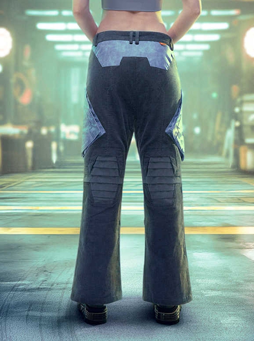 Blue-Gray Corduroy Stitching Washed Leather Motorcycle Style Loose Slightly Flared Version Adjustable Leg Opening Cyberpunk Trousers