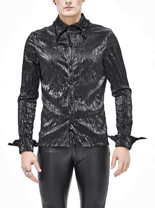 Black Light Metal Ring Webbing Collar Sharp Corner Cuff Twill Fold Punk Shirt