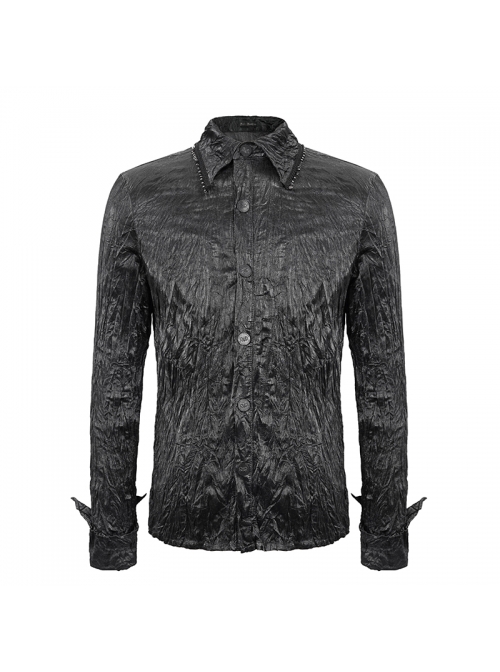 Black Light Metal Ring Webbing Collar Sharp Corner Cuff Twill Fold Punk Shirt