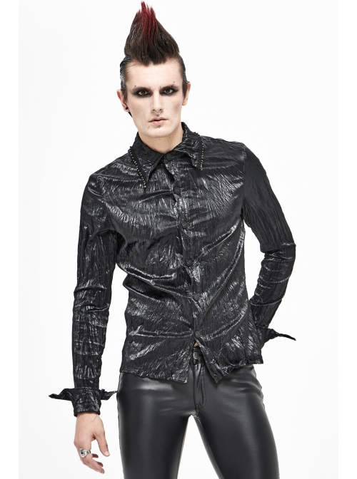 Black Light Metal Ring Webbing Collar Sharp Corner Cuff Twill Fold Punk Shirt
