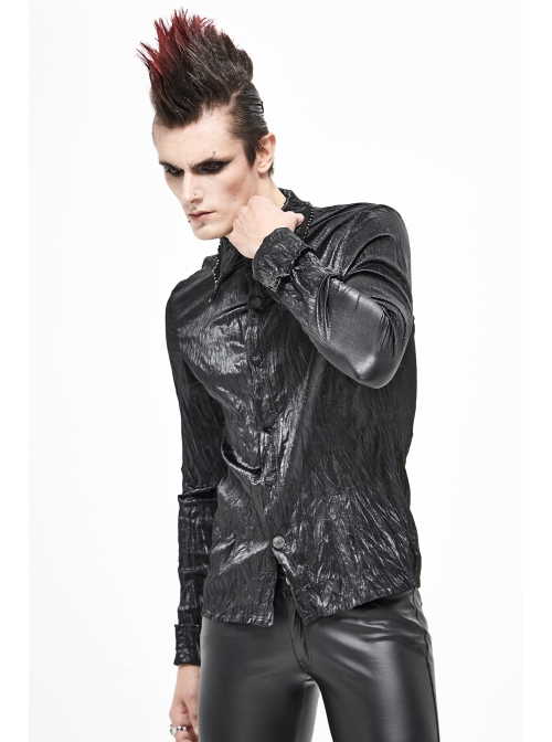 Black Light Metal Ring Webbing Collar Sharp Corner Cuff Twill Fold Punk Shirt