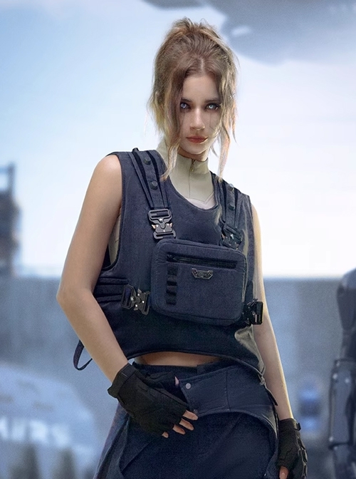 Night Blue Removable Chest Pack Side Opening Reversible Cyberpunk Pullover Cargo Vest