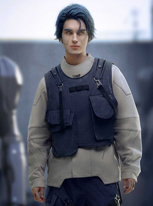 Night Blue Removable Chest Pack Side Opening Reversible Cyberpunk Pullover Cargo Vest