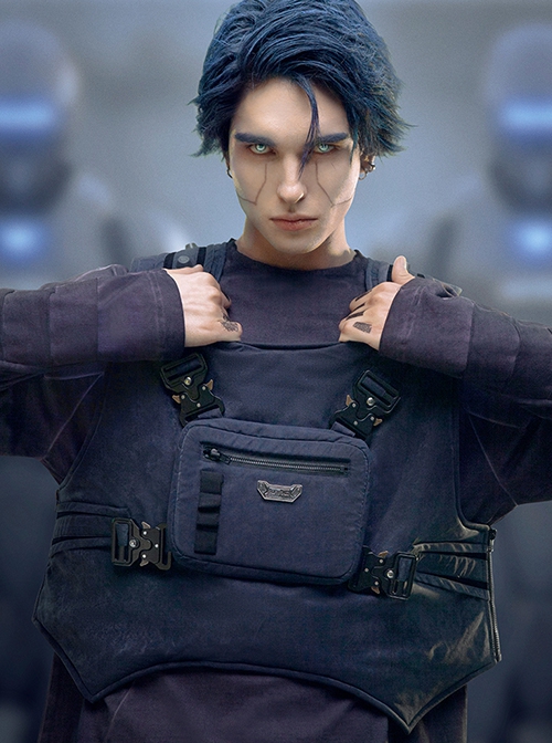 Night Blue Removable Chest Pack Side Opening Reversible Cyberpunk Pullover Cargo Vest
