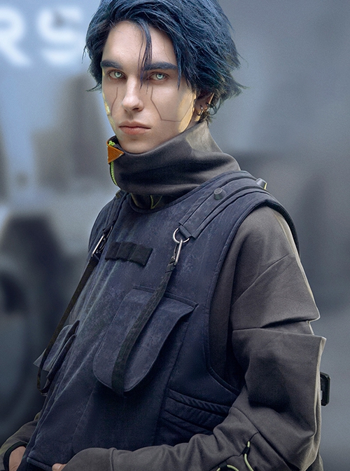 Night Blue Removable Chest Pack Side Opening Reversible Cyberpunk Pullover Cargo Vest