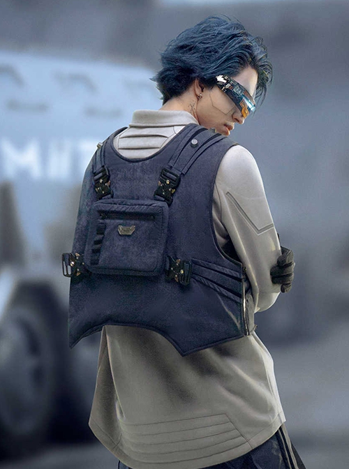 Night Blue Removable Chest Pack Side Opening Reversible Cyberpunk Pullover Cargo Vest