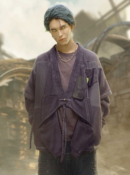 Chinese Hanfu Style Splicing Dyed Washed Distressed Craft Irregular Hem Cyberpunk Long Sleeves Cardigan