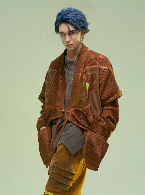 Chinese Hanfu Style Splicing Dyed Washed Distressed Craft Irregular Hem Cyberpunk Long Sleeves Cardigan