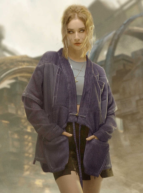 Chinese Hanfu Style Splicing Dyed Washed Distressed Craft Irregular Hem Cyberpunk Long Sleeves Cardigan