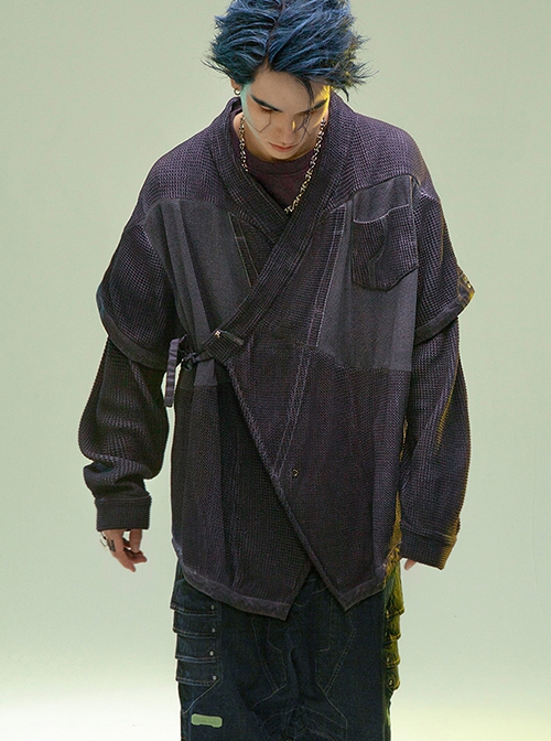 Chinese Hanfu Style Splicing Dyed Washed Distressed Craft Irregular Hem Cyberpunk Long Sleeves Cardigan