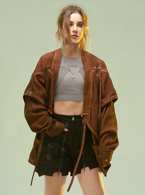 Chinese Hanfu Style Splicing Dyed Washed Distressed Craft Irregular Hem Cyberpunk Long Sleeves Cardigan