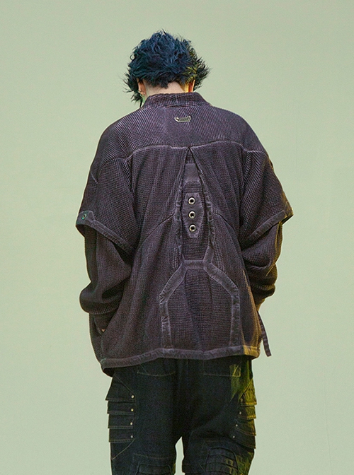 Chinese Hanfu Style Splicing Dyed Washed Distressed Craft Irregular Hem Cyberpunk Long Sleeves Cardigan