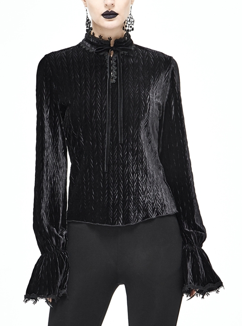 Pleated Velvet High Collar Small Lantern Sleeve Lace Cuff Black Gothic Blouse