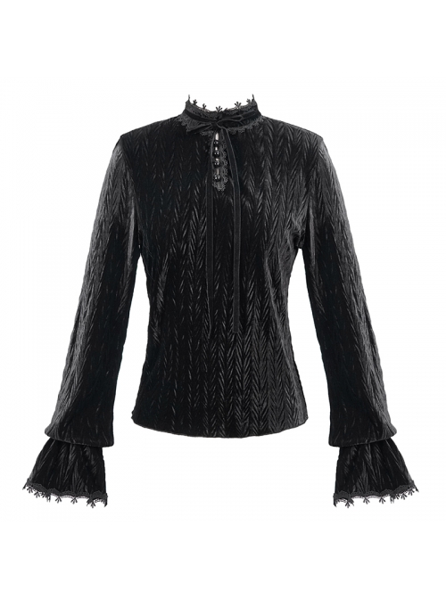 Pleated Velvet High Collar Small Lantern Sleeve Lace Cuff Black Gothic Blouse