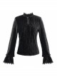 Pleated Velvet High Collar Small Lantern Sleeve Lace Cuff Black Gothic Blouse