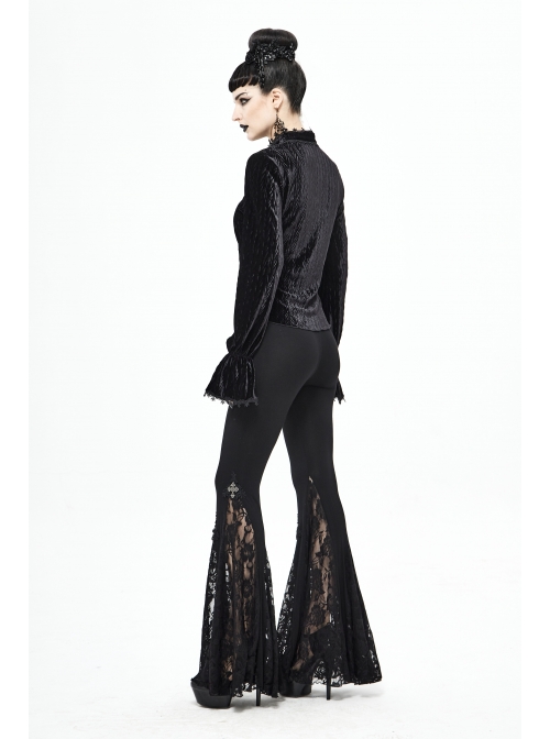 Pleated Velvet High Collar Small Lantern Sleeve Lace Cuff Black Gothic Blouse