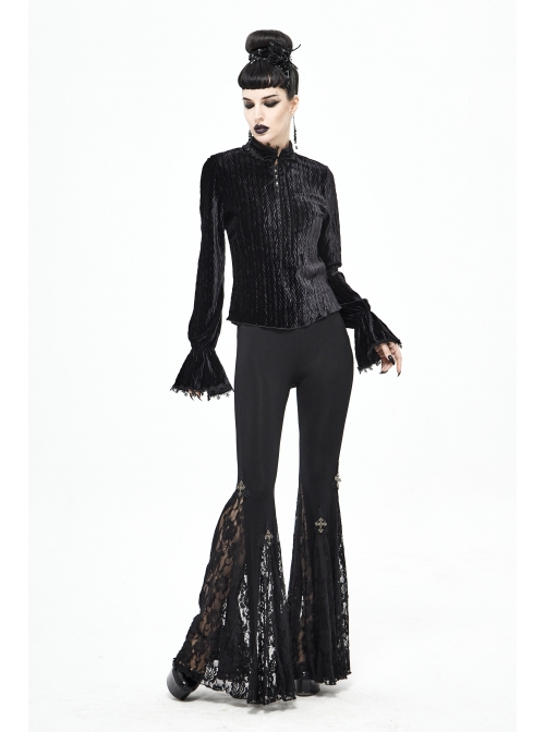 Pleated Velvet High Collar Small Lantern Sleeve Lace Cuff Black Gothic Blouse