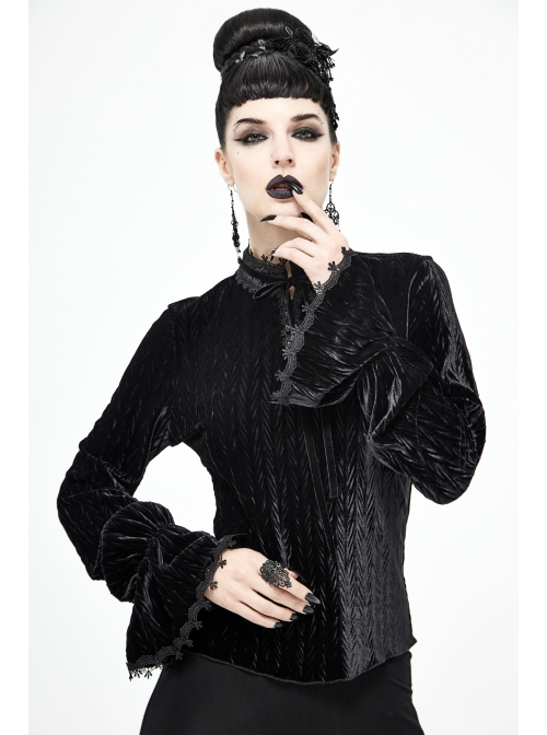 Pleated Velvet High Collar Small Lantern Sleeve Lace Cuff Black Gothic Blouse