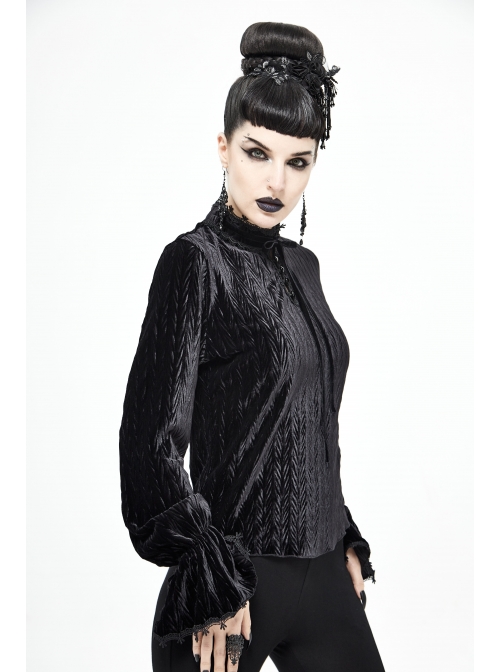Pleated Velvet High Collar Small Lantern Sleeve Lace Cuff Black Gothic Blouse