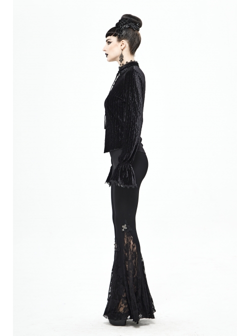 Pleated Velvet High Collar Small Lantern Sleeve Lace Cuff Black Gothic Blouse