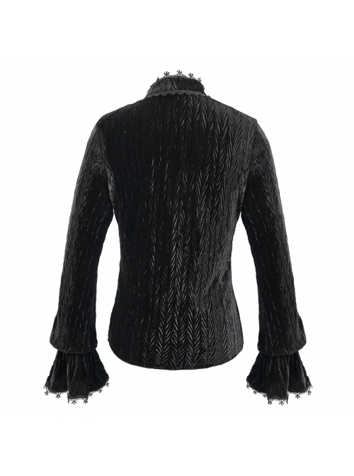 Pleated Velvet High Collar Small Lantern Sleeve Lace Cuff Black Gothic Blouse