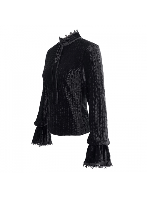 Pleated Velvet High Collar Small Lantern Sleeve Lace Cuff Black Gothic Blouse