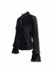 Pleated Velvet High Collar Small Lantern Sleeve Lace Cuff Black Gothic Blouse