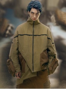 Khaki Wasteland Style Distressed Craft Detachable Punching Bag Pockets Asymmetrical Hem Mid-Length Cyberpunk Windbreaker Jacket