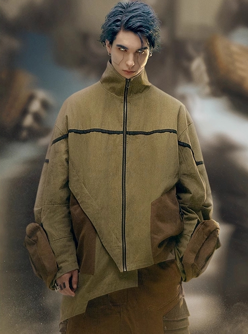 Khaki Wasteland Style Distressed Craft Detachable Punching Bag Pockets Asymmetrical Hem Mid-Length Cyberpunk Windbreaker Jacket