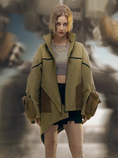 Khaki Wasteland Style Distressed Craft Detachable Punching Bag Pockets Asymmetrical Hem Mid-Length Cyberpunk Windbreaker Jacket