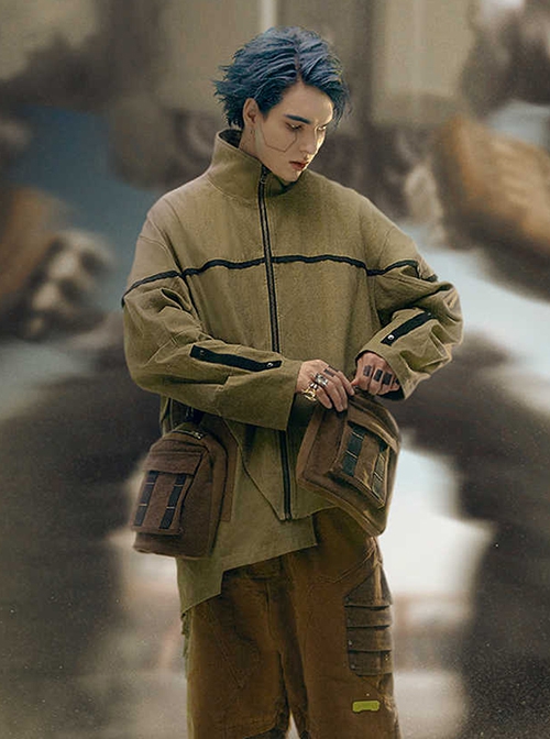Khaki Wasteland Style Distressed Craft Detachable Punching Bag Pockets Asymmetrical Hem Mid-Length Cyberpunk Windbreaker Jacket