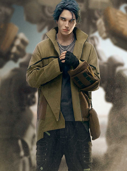 Khaki Wasteland Style Distressed Craft Detachable Punching Bag Pockets Asymmetrical Hem Mid-Length Cyberpunk Windbreaker Jacket