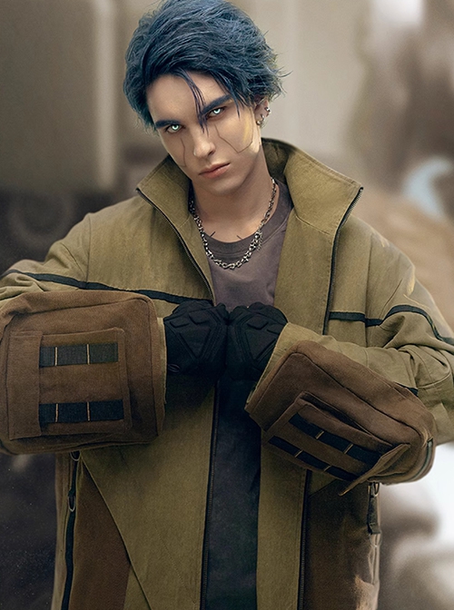 Khaki Wasteland Style Distressed Craft Detachable Punching Bag Pockets Asymmetrical Hem Mid-Length Cyberpunk Windbreaker Jacket