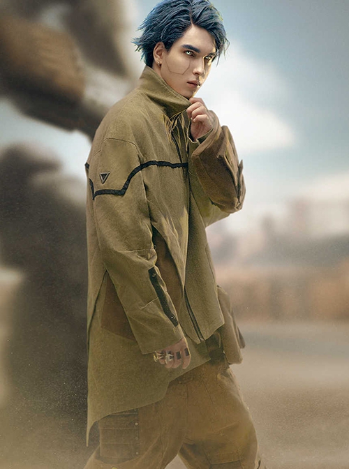 Khaki Wasteland Style Distressed Craft Detachable Punching Bag Pockets Asymmetrical Hem Mid-Length Cyberpunk Windbreaker Jacket