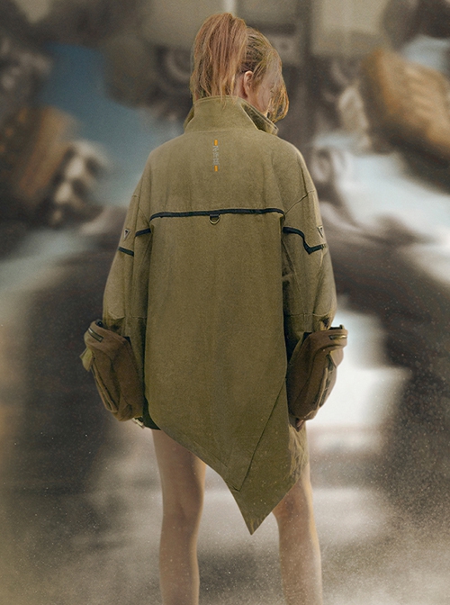 Khaki Wasteland Style Distressed Craft Detachable Punching Bag Pockets Asymmetrical Hem Mid-Length Cyberpunk Windbreaker Jacket