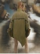 Khaki Wasteland Style Distressed Craft Detachable Punching Bag Pockets Asymmetrical Hem Mid-Length Cyberpunk Windbreaker Jacket