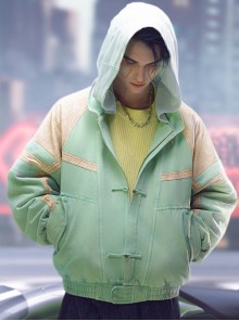 New Chinese Style Cyan Denim Splicing Leather Washing Craft Thickened Windproof Cyberpunk Hooded Short Jacket