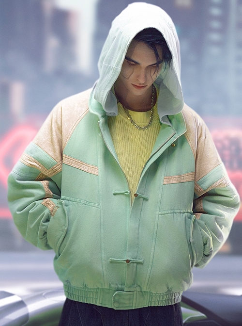New Chinese Style Cyan Denim Splicing Leather Washing Craft Thickened Windproof Cyberpunk Hooded Short Jacket
