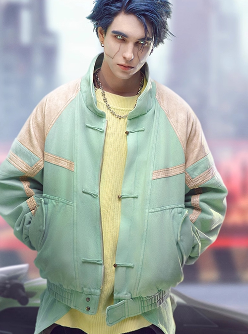New Chinese Style Cyan Denim Splicing Leather Washing Craft Thickened Windproof Cyberpunk Hooded Short Jacket