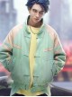New Chinese Style Cyan Denim Splicing Leather Washing Craft Thickened Windproof Cyberpunk Hooded Short Jacket