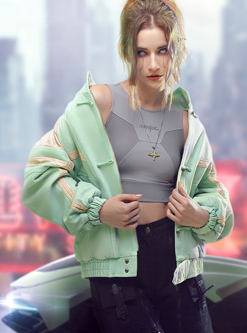 New Chinese Style Cyan Denim Splicing Leather Washing Craft Thickened Windproof Cyberpunk Hooded Short Jacket